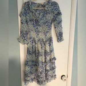 Rebecca Taylor Blue and White Floral Long Sleeve Dress